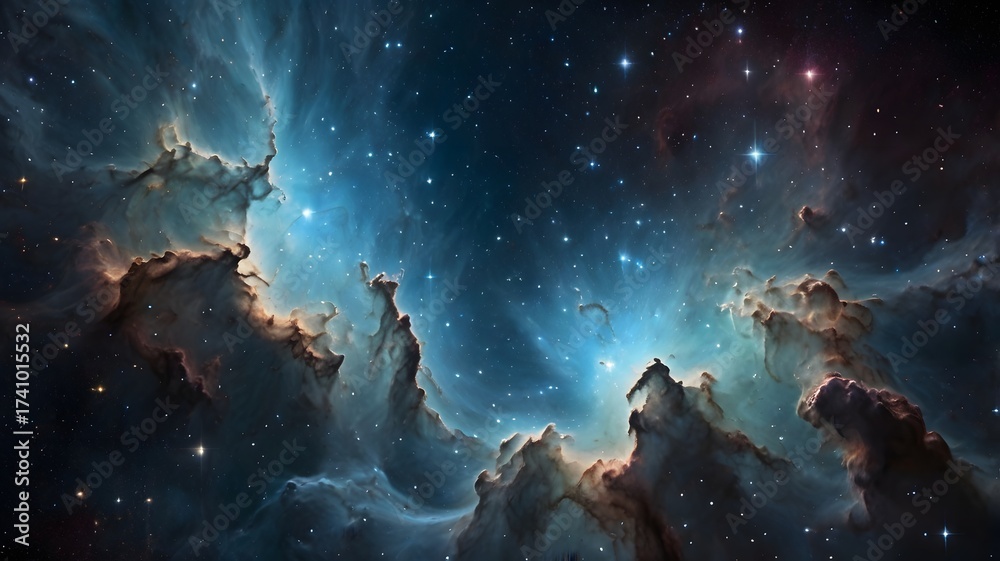 Obraz premium Colorful space galaxy cloud nebula. Stary night cosmos. Space Wallpaper. Dark Blue and Yellow Galaxy
