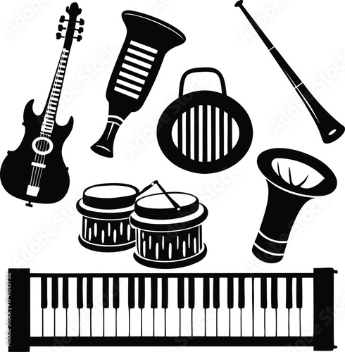 Black silhouette musical instruments and keyboard on white background piano guitar