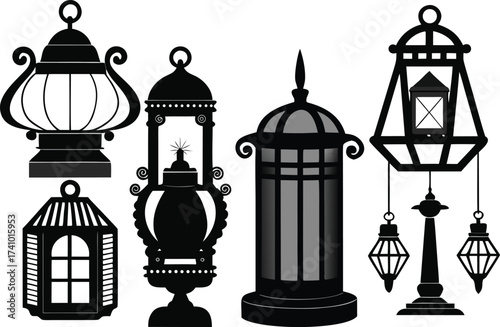 Collection of diverse black and gray silhouette lanterns and lamps light illumination