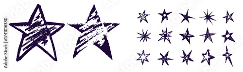 Black crayon hand drawn stars set. Childish doodled sparks and sparkles collection. Grunge rough brush stroke shine element pack for collage, poster, sticker. Kid sketched wax pencil symbols
