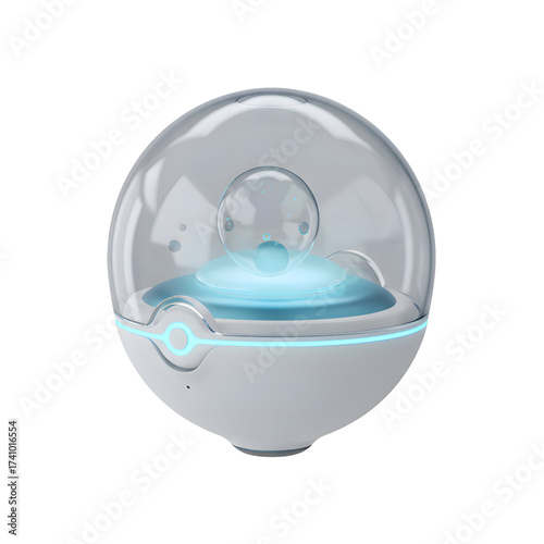 Futuristic orb-shaped humidifier with blue light and water bubbles on white background