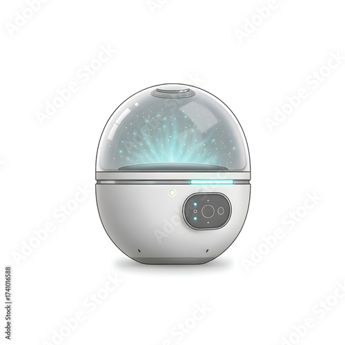 Futuristic egg-shaped diffuser with glowing dome and starlight projection on white base