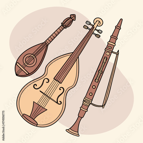 A charming illustration of three traditional string and wind musical instruments arranged artistically against a soft background