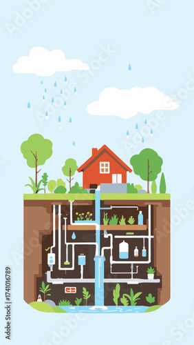 Vector Illustration of a Sustainable Home with Rainwater Harvesting System