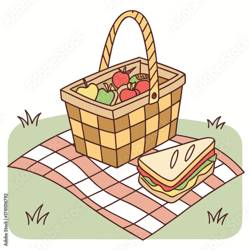 A charming illustration of a picnic basket filled with colorful apples and a delicious sandwich resting on a checkered blanket in a grassy field