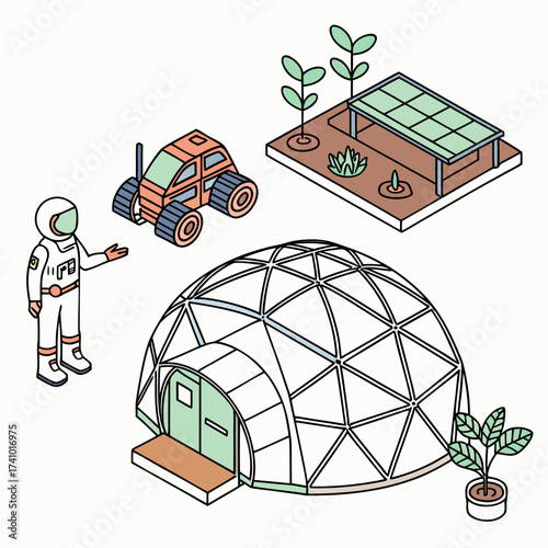 Astronaut presenting a futuristic dome habitat with a rover and solar panels for space exploration and colonization