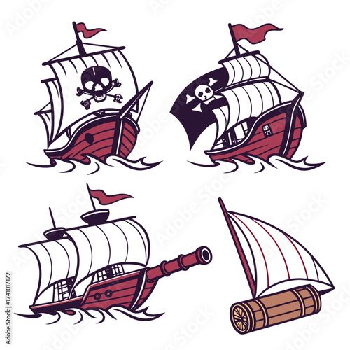 Collection of four cartoon pirate ships and a barrel raft sailing on wavy water with skull and crossbones flags