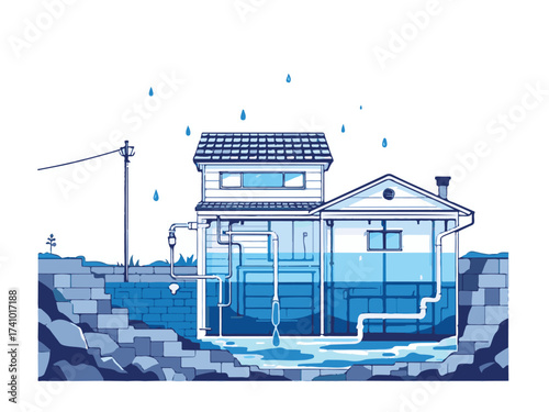 Vector Illustration of a Sustainable Home with Rainwater Harvesting System