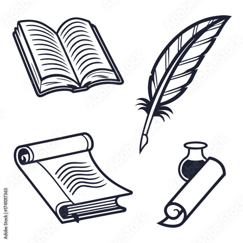 Collection of four vintage writing icons including an open book quill pen scroll and inkwell on a white background