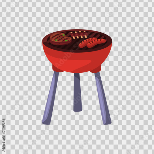Red grill with steak ribs and sausage, perfect for bbq restaurant menus, grilling promotions, and food industry advertisements. Ideal for summer cookout designs.
