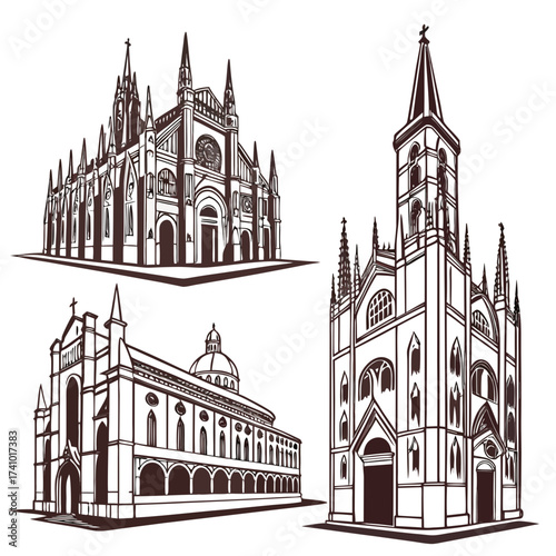Collection of gothic and renaissance architectural illustrations of churches and cathedrals in outline style