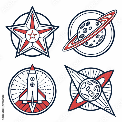 Collection of stylized circular emblems featuring a star a ringed planet a rocket launch and a celestial body with radiating lines