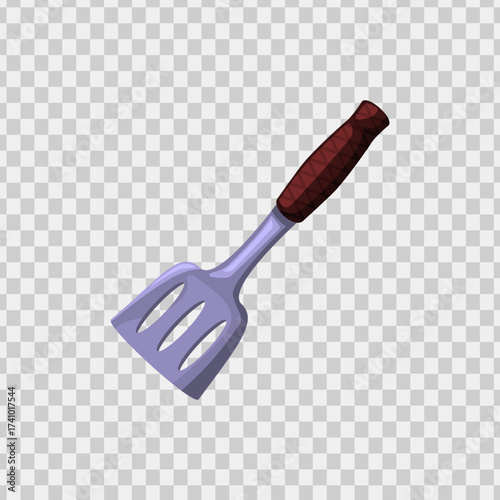 Slotted spatula utensil with a brown handle great for kitchen or cooking related designs, food blogs, restaurant menus.