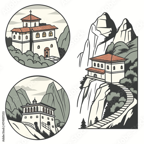 Collection of stylized illustrations depicting monasteries perched precariously on dramatic mountain cliffs and serene hillsides