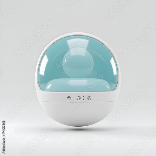 Futuristic spherical white chair with translucent turquoise dome and button panel on grey background