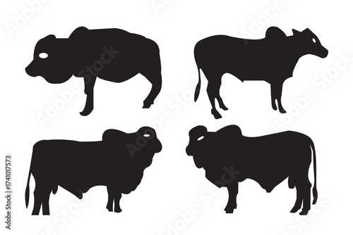 The image shows silhouettes of four different animals, all resembling variations of a cow or buffalo. The animals are in distinct poses, showcasing their profiles.
