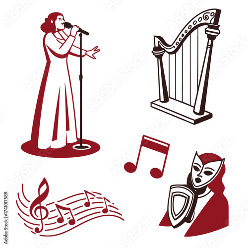 Collection of stylized musical icons featuring a singer with a microphone a harp musical notes and a masked figure holding a shield