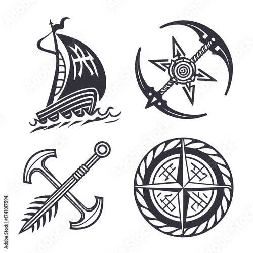 Collection of stylized nautical symbols including a viking ship a compass rose crossed anchors and a star shaped navigational tool