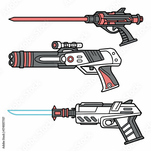 Collection of three futuristic science fiction ray guns and laser weapons with glowing energy blades and scopes on a white background