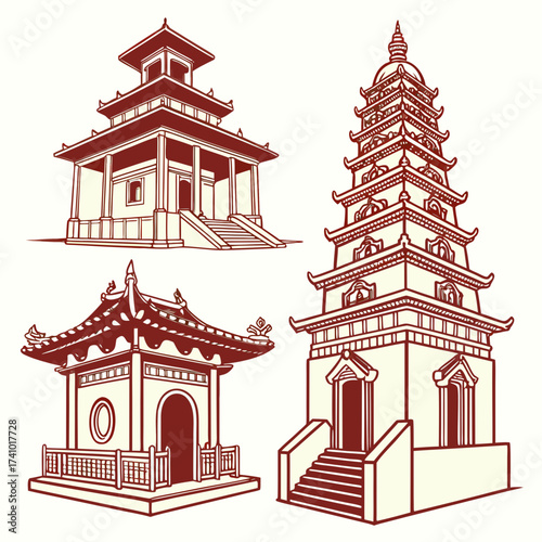 Collection of traditional east asian architectural structures featuring pagodas temples and pavilions in a stylized line art illustration