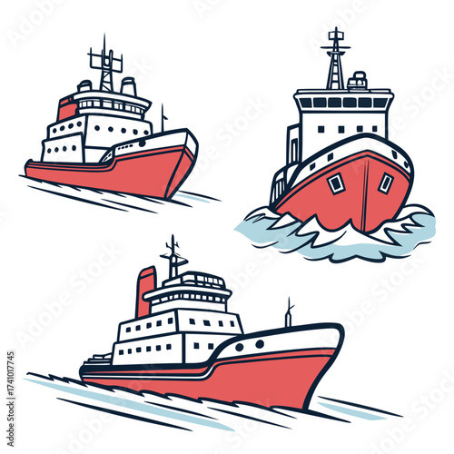 Collection of three stylized red and white icebreaker ships sailing through choppy blue water with white background