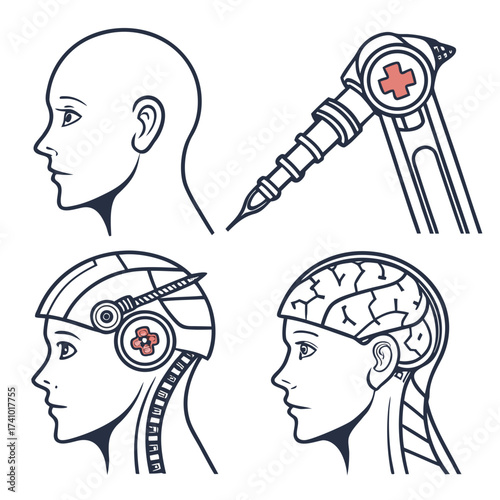 Conceptual illustration of human head profiles showing medical technology robotic augmentation and brain interfaces for future healthcare advancements