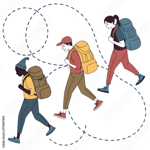 Diverse group of three hikers with backpacks walking on a path indicated by dashed lines and circles
