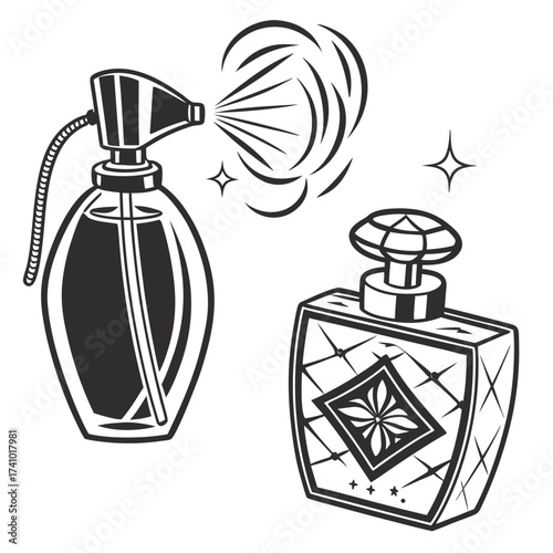 Elegant black and white illustration of two distinct perfume bottles one spraying mist and the other adorned with decorative patterns