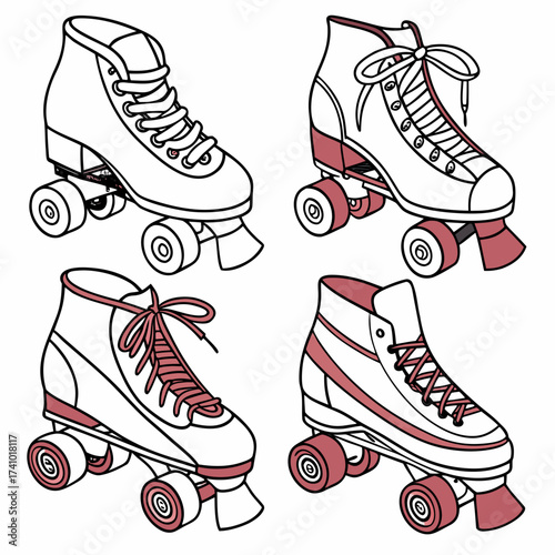 Four retro quad roller skates in white with pink accents and laces displayed in a collage on a white background