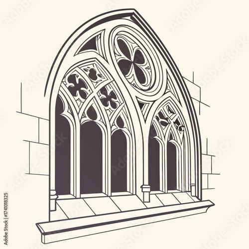 Intricate gothic architectural window with ornate tracery and pointed arches set against a stone wall background