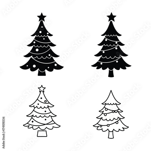 Simple black and white christmas trees in varying line weights shown