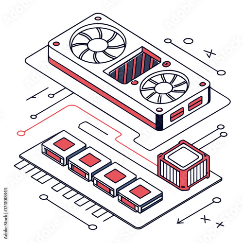 Isometric illustration of a computer graphics card with cooling fans and circuit board components in a stylized line art design