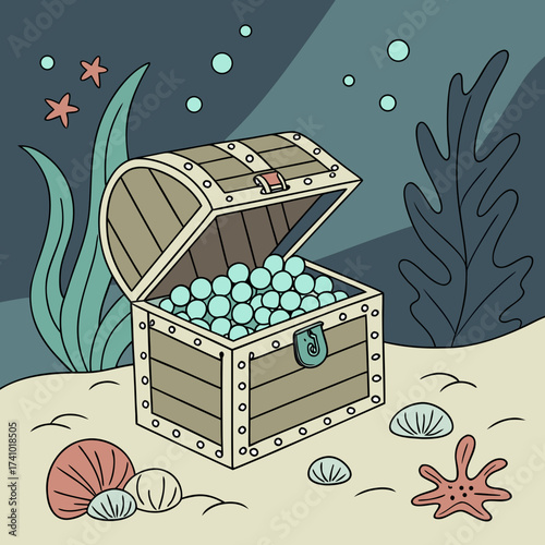 Open wooden treasure chest overflowing with shiny blue pearls resting on sandy ocean floor with seaweed and starfish