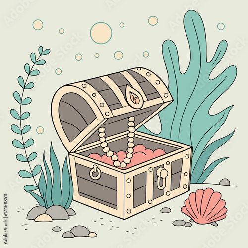 Open treasure chest overflowing with pearls and a pearl necklace rests on the sandy seabed surrounded by seaweed and shells