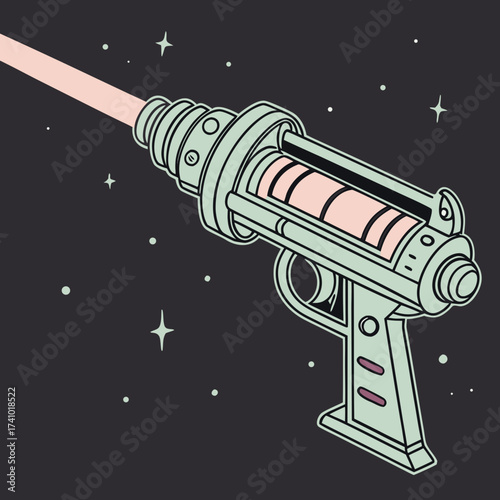 Retro futuristic ray gun firing a pink laser beam across a dark starry space background illustration