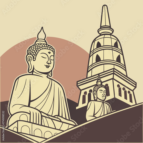 Serene buddha statues and a towering stupa create a peaceful and spiritual scene with a vintage aesthetic
