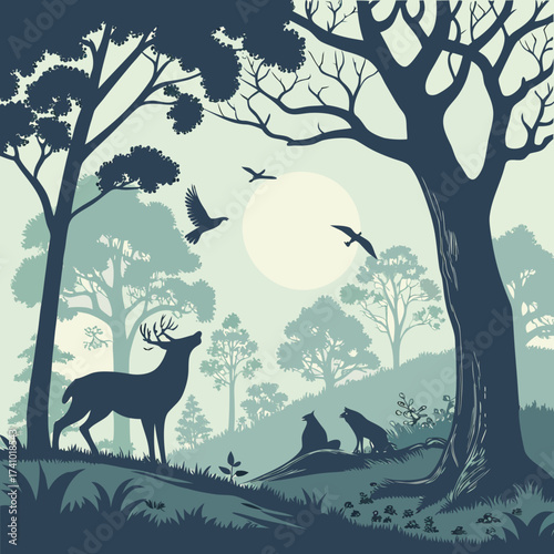 Serene forest landscape silhouette with a majestic deer two wolves and birds flying under a pale moonlit sky