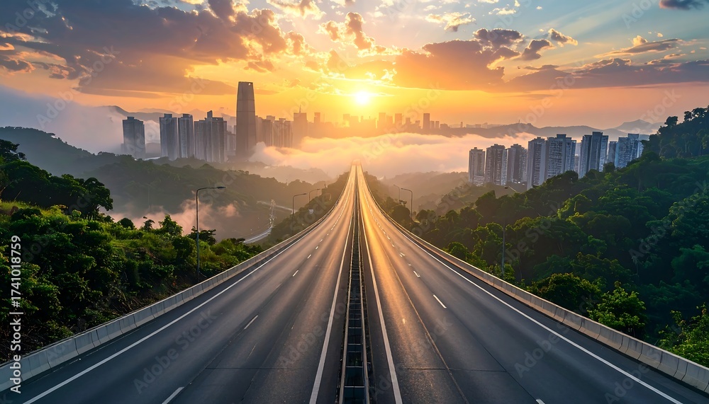 Fototapeta premium A long, symmetrical highway stretches towards a city skyline under a golden sunrise, with low-lying clouds and trees