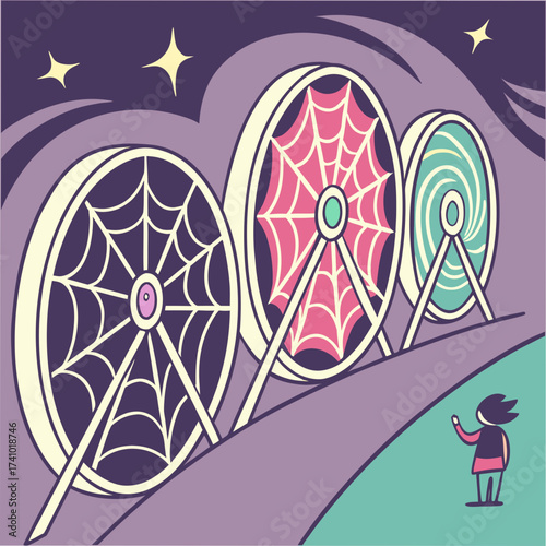 Stylized ferris wheels with spider web patterns against a starry night sky with a lone figure looking on