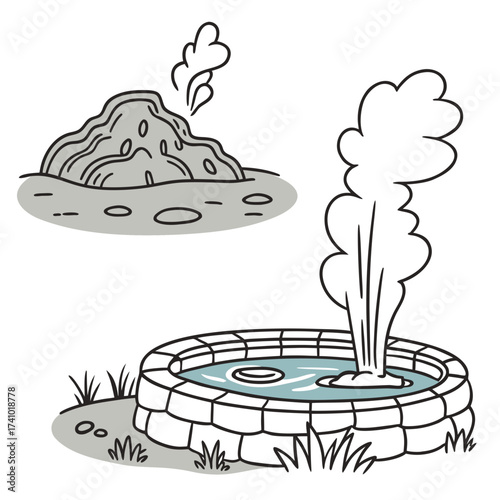 Stylized illustration of a bubbling hot spring with steam rising next to a small volcanic mound with smoke