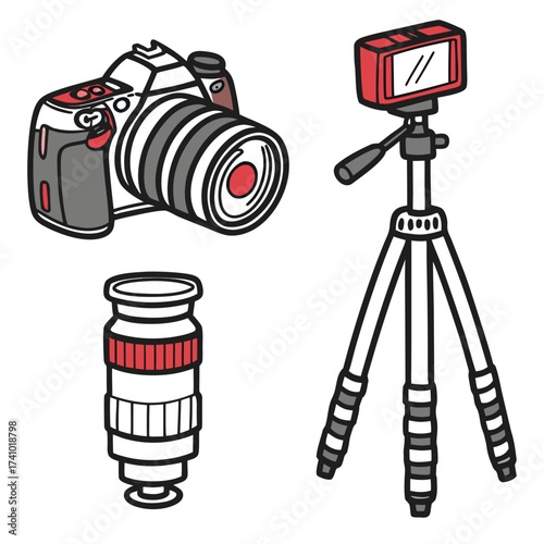 Stylized illustration of a dslr camera with a lens and a small tripod with a screen on top