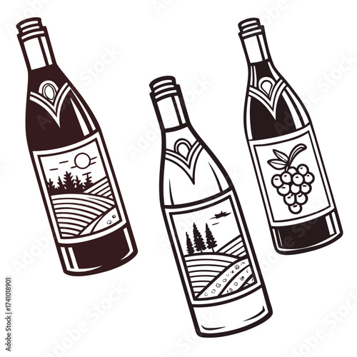 Stylized illustration of three wine bottles with distinct labels depicting vineyard landscapes and grapes on a white background