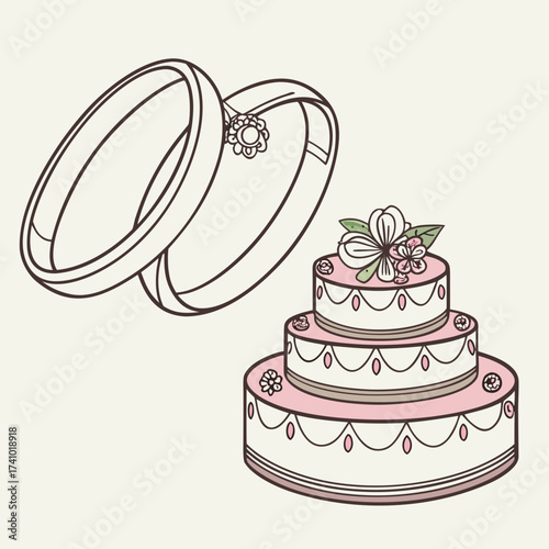 Stylized illustration of two wedding rings intertwined with a three tiered pink and white wedding cake adorned with flowers