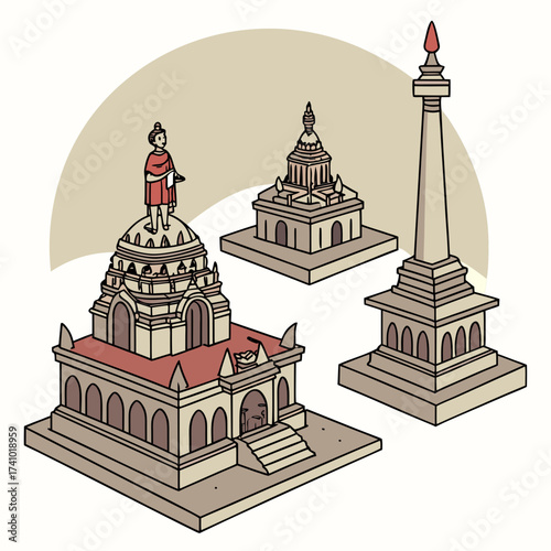 Stylized isometric illustration of three iconic indonesian landmarks including a monument and two temples with a figure on top