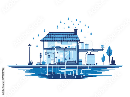 Vector Illustration of a Sustainable Home with Rainwater Harvesting System