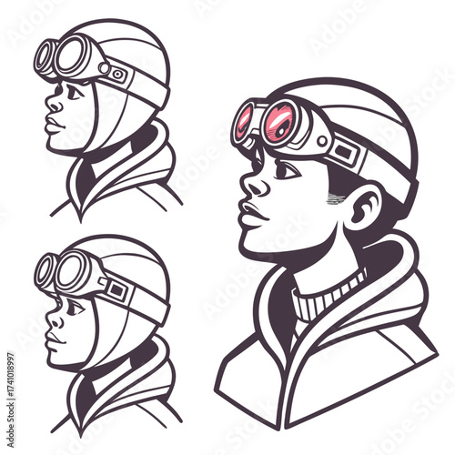 Stylized line art portraits of diverse individuals wearing aviator goggles and helmets looking upward