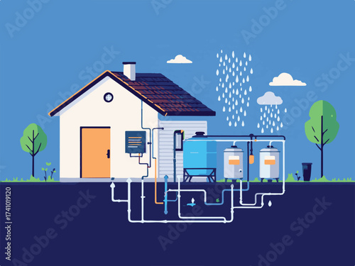 Vector Illustration of a Sustainable Home with Rainwater Harvesting System