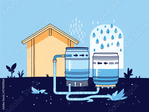Vector Illustration of a Sustainable Home with Rainwater Harvesting System