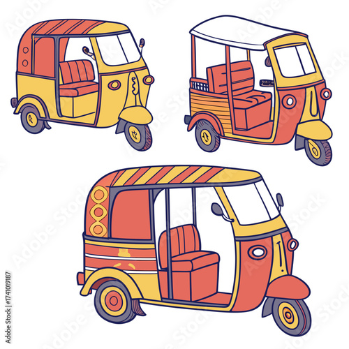 Three colorful hand drawn cartoon style auto rickshaws or tuk tuks with red and yellow stripes on a white background