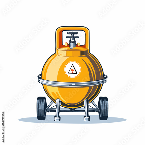 Yellow spherical gas cylinder on wheels with caution symbol, illustration